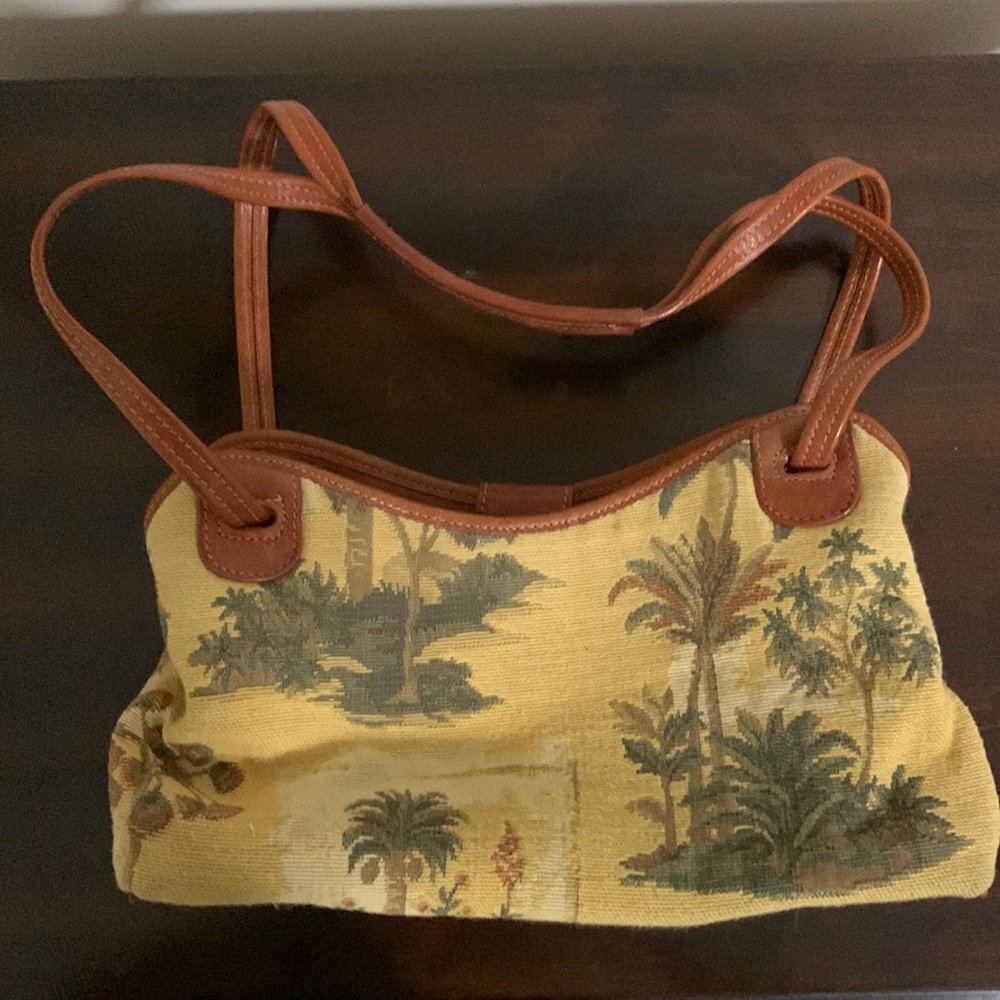 Tommy Bahama Bag Womens Leather Shoulder Sling Brown Purse Palm Tree Tapestry.